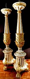 Pair of fine, Italian, Neoclassical period, painted and parcel-gilded pique cierges (candlesticks)