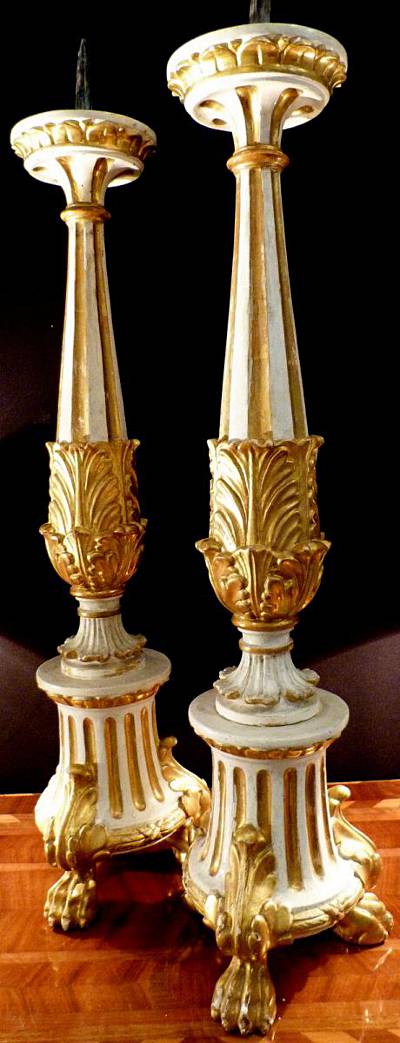 Pair of fine, Italian, Neoclassical period, painted and parcel-gilded pique cierges (candlesticks)