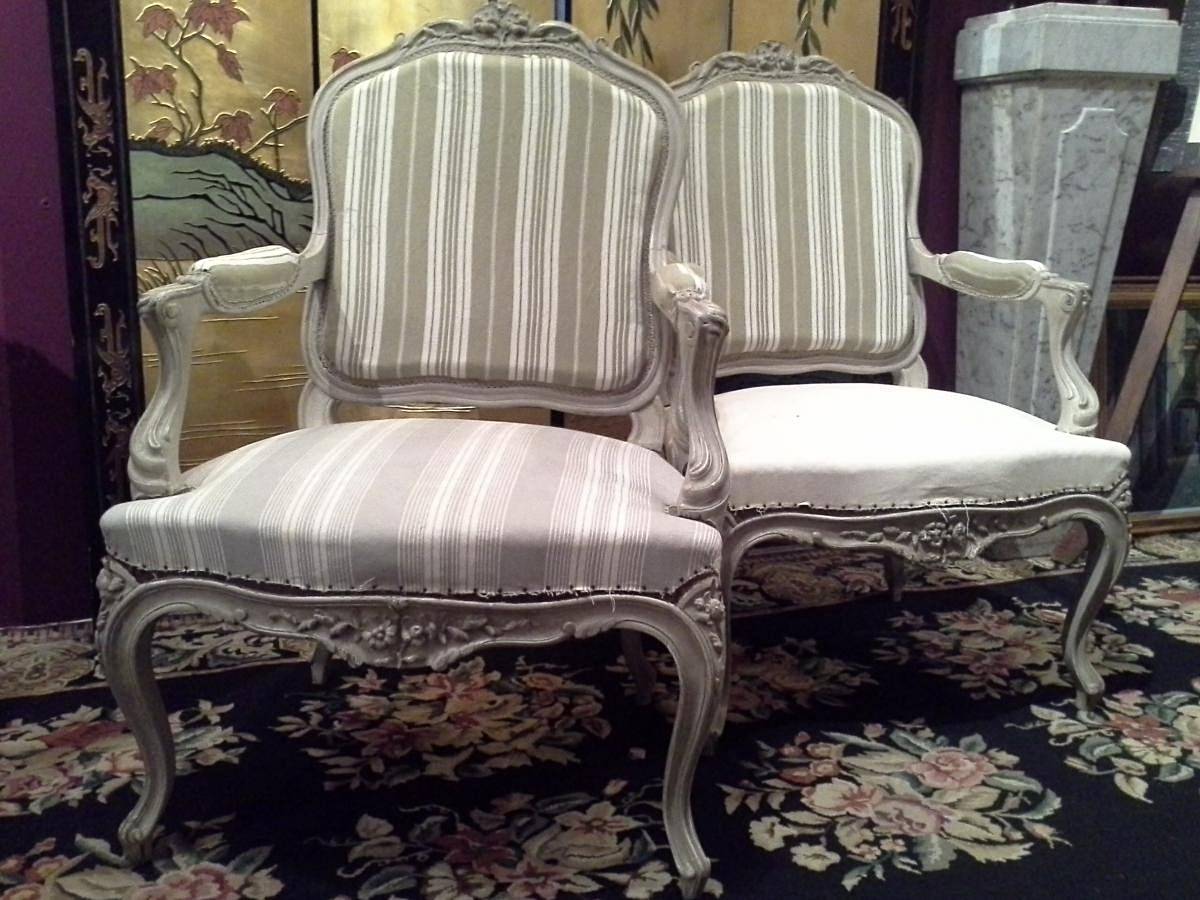 Pair of French, Louis XV style, painted fauteuils