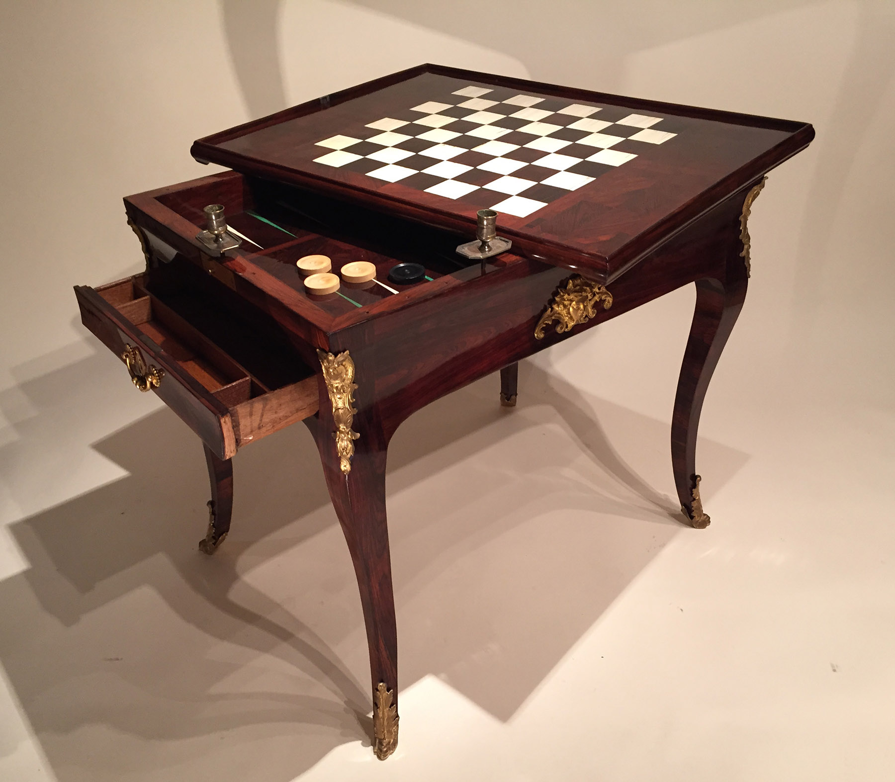 Rare, French, Regence period, gilt-bronze mounted game table (tric-trac table)