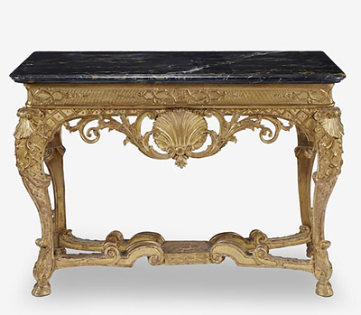 French Régence giltwood table with nero antico marble top