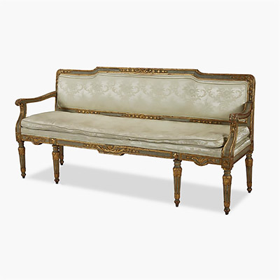 Italian Neoclassical painted and parcel-gilt silk upholstered settee