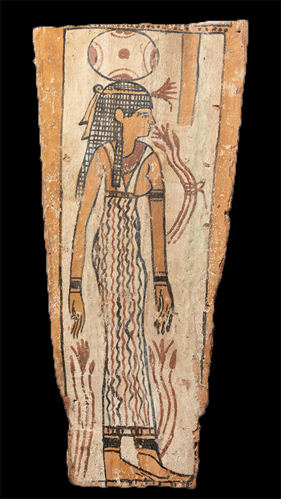Egyptian, Ptolemaic Period, polychrome-painted wood sarcophagus panel