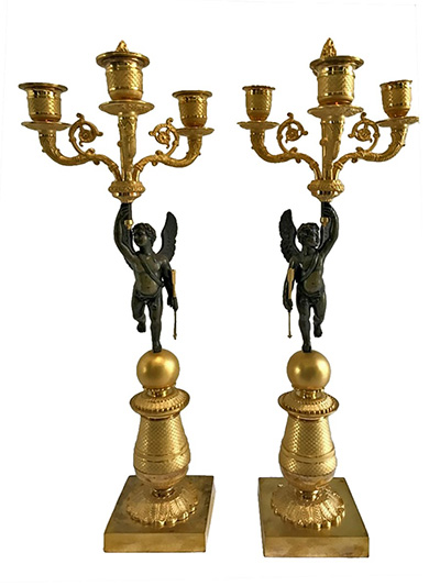 Pair of French, Empire period, bronze d'ore candelabra