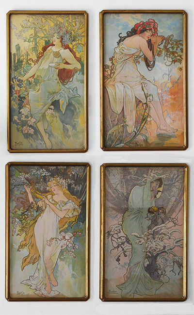 Set of four Art Nouveau period lithographs on fabric