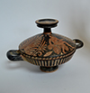 Apulian, red-figured, terra cotta lekanis (two-handled, ancient Greek bowl)