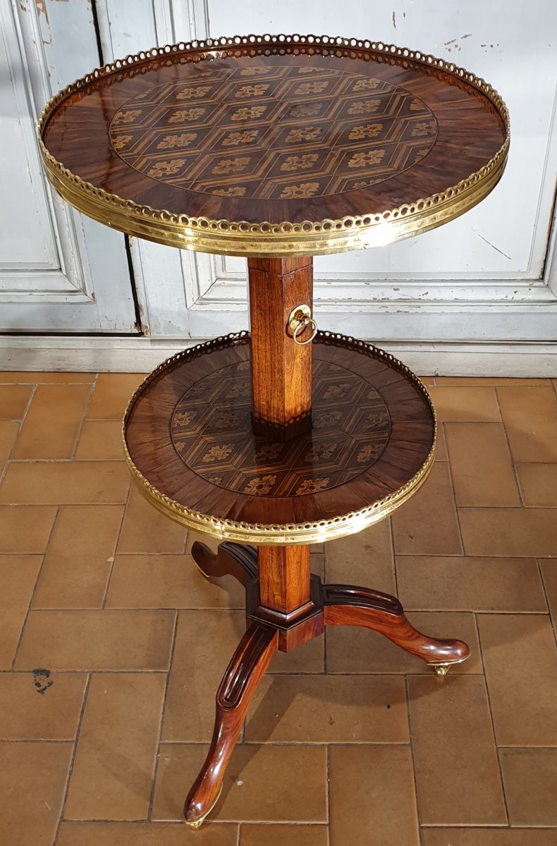 French, Louis XVI period, adjustable, marquetry-inlaid pedestal table