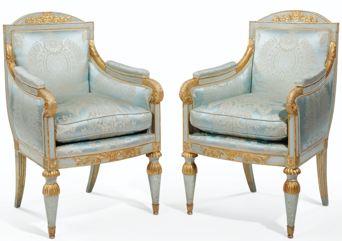 Pair of Northern Italian, Neoclassical period, blue-painted and parcel-gilded bergeres