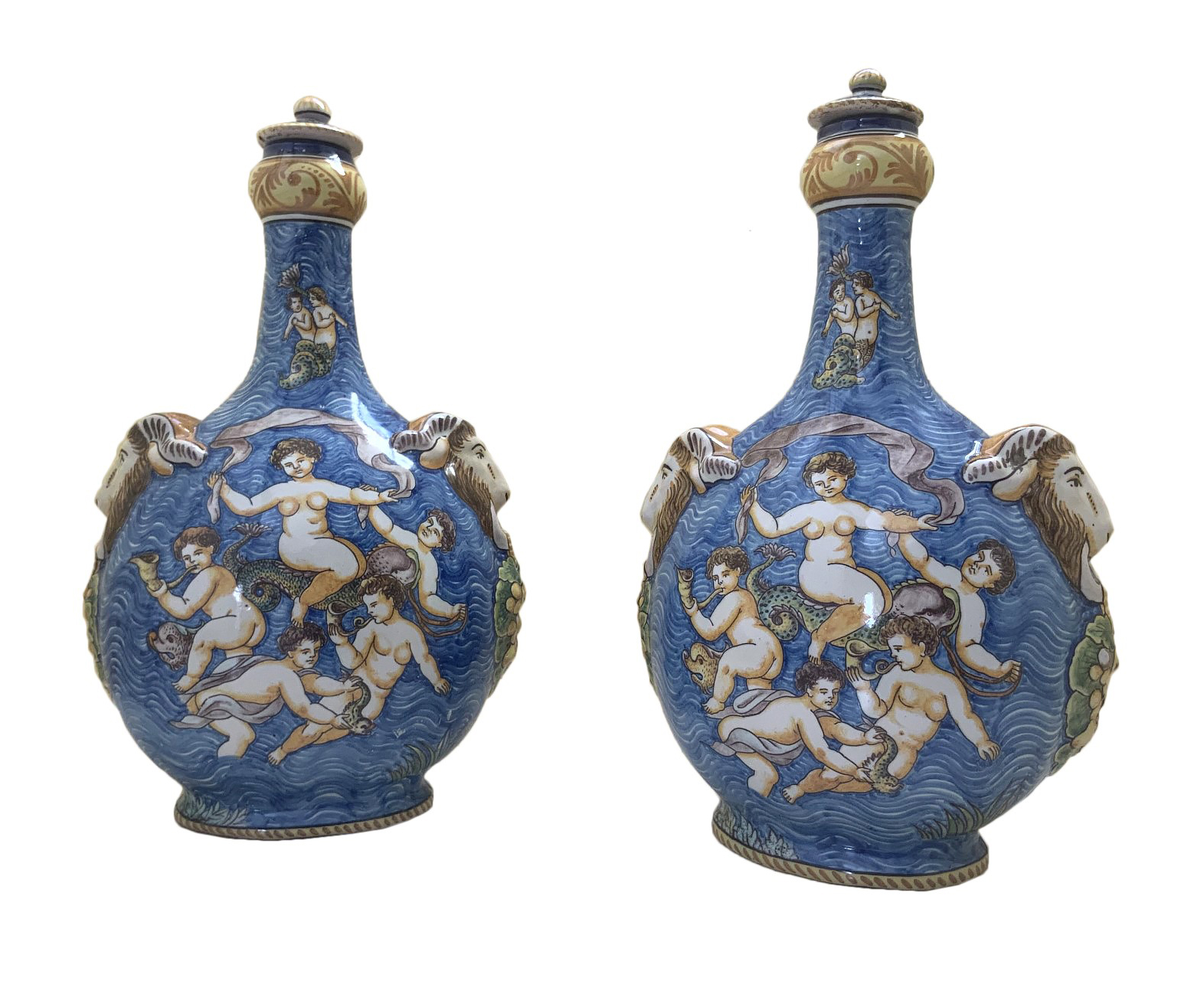 Pair of French, Faience, covered jars (pilgrim flasks)