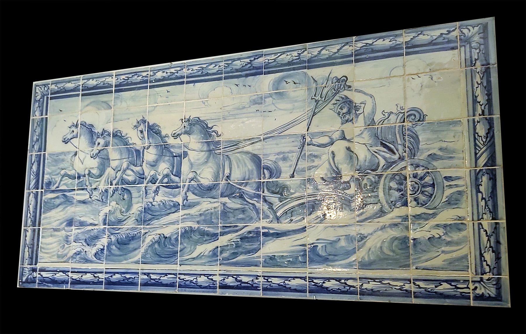 Portuguese, Baroque period, blue and white painted tile (azulejos) mural