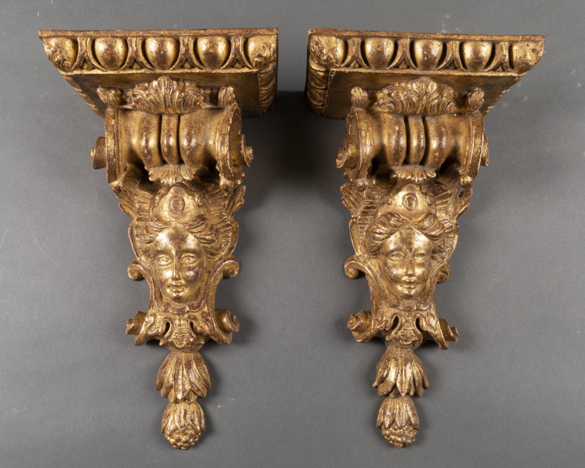 Pair of French, Regence period consoles murales (hanging bracket consoles)