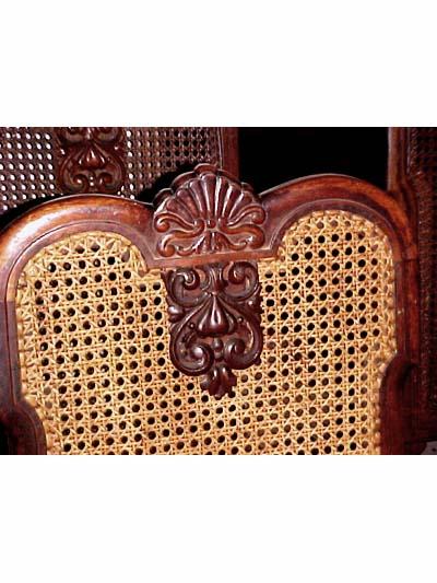 Set of six Italian, Louis XV style, walnut and cane dining chairs