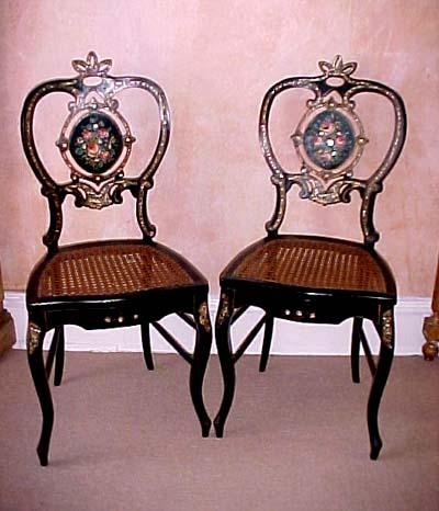 Pair of Napoleon III period, black lacquer chairs