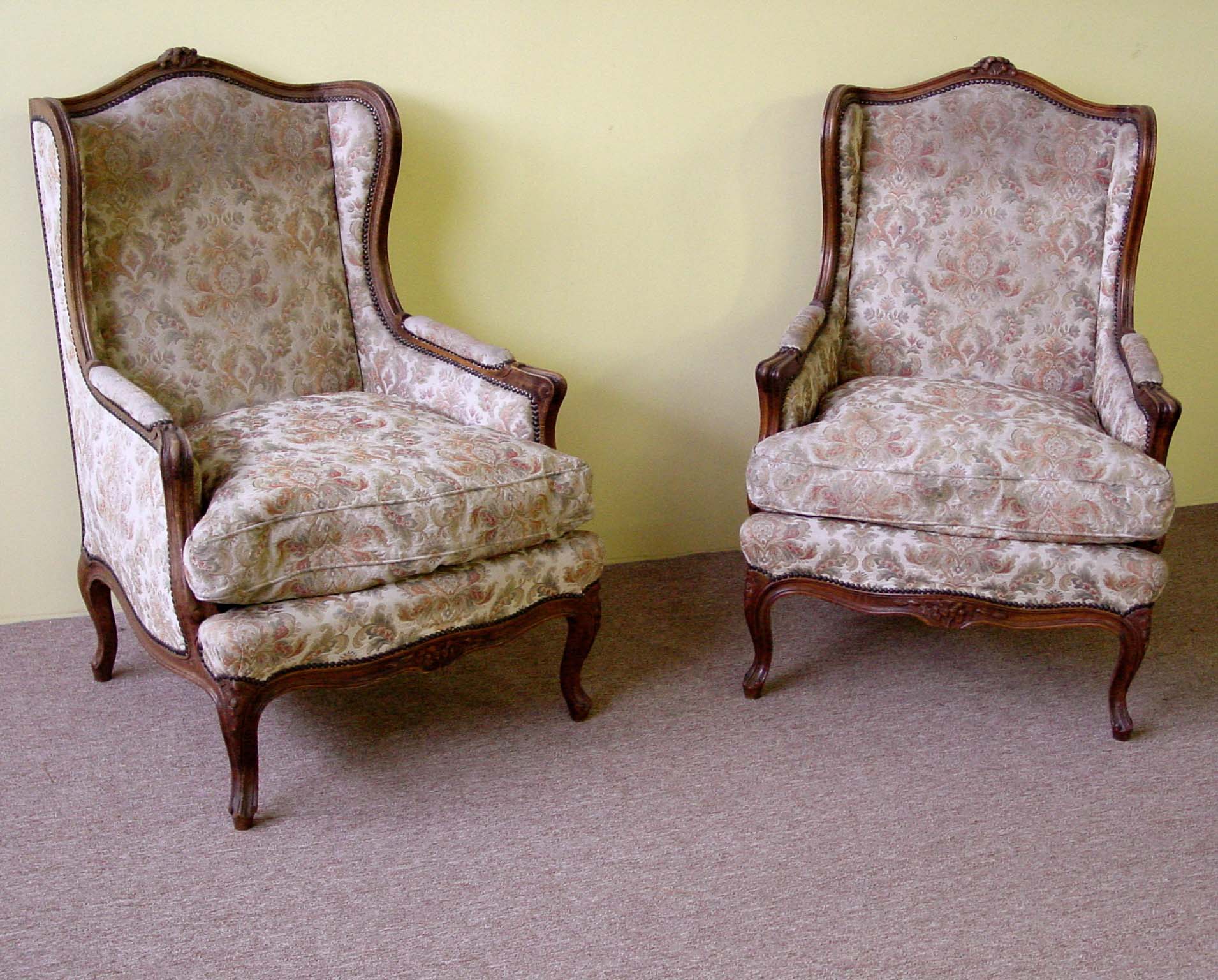 Pair of large, Louis XV style, wingback chairs