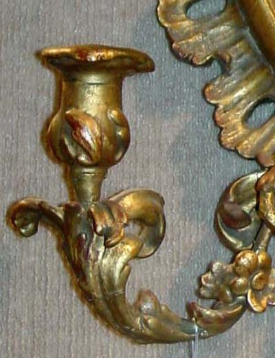 Pair of Louis XV style, carved, giltwood, three-arm mirror/sconces
