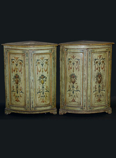 Pair of Italian, Neoclassical, painted corner cabinets