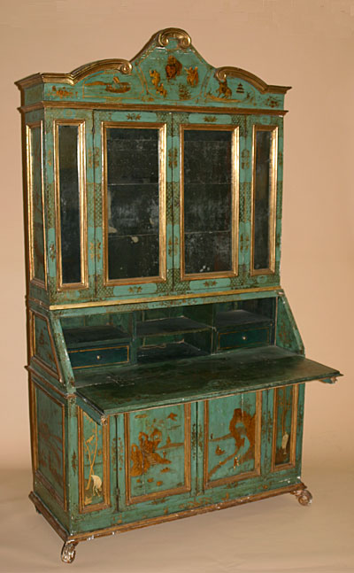 Italian, painted, lacca contrafatta, and parcel-gilt secretaire bookcase