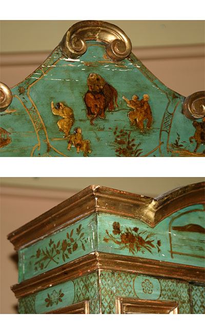 Italian, painted, lacca contrafatta, and parcel-gilt secretaire bookcase