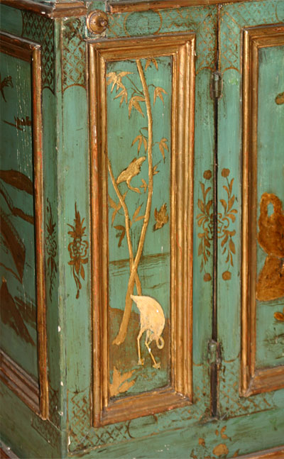Italian, painted, lacca contrafatta, and parcel-gilt secretaire bookcase
