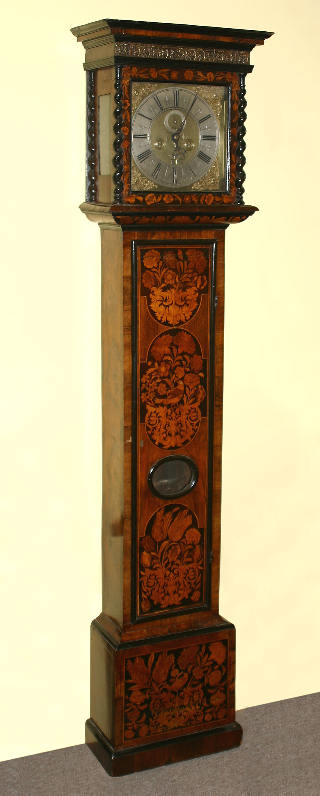 William and Mary, floral marquetry inlaid, tall case clock