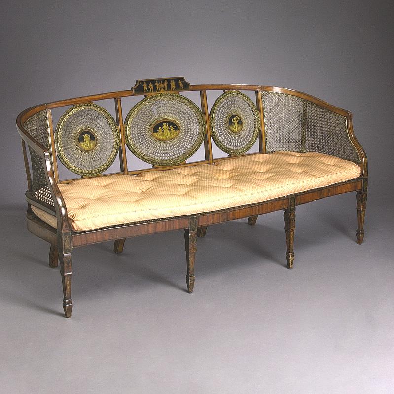 George III, painted, satinwood and caned settee