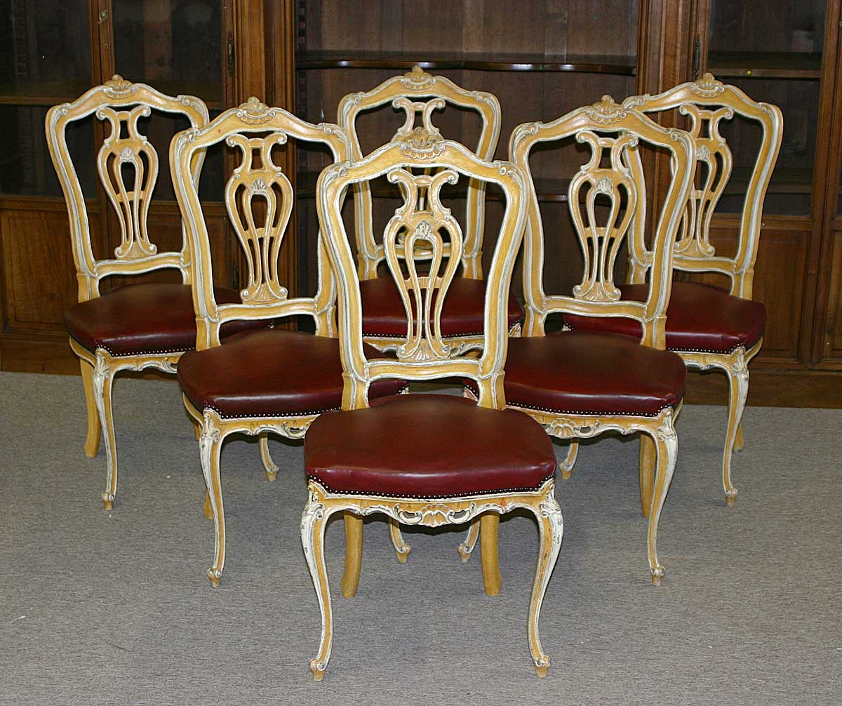 Set of six Venetian, Louis XV style, tall-back dining chairs