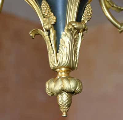 French, Neoclassical style, bronze d'ore and patinated bronze, six-arm chandelier