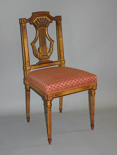 Set of ten French, Louis XVI style, giltwood, lyre-back dining chairs