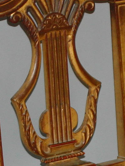 Set of ten French, Louis XVI style, giltwood, lyre-back dining chairs