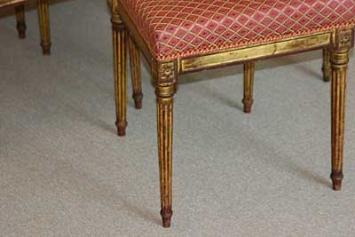 Set of ten French, Louis XVI style, giltwood, lyre-back dining chairs