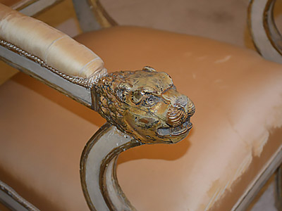 Set of ten Italian, neo-classical, cream painted and parcel gilt dining chairs