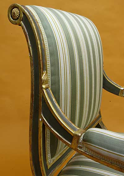 Pair of French, Jacob period, painted and parcel-gilded fauteuils