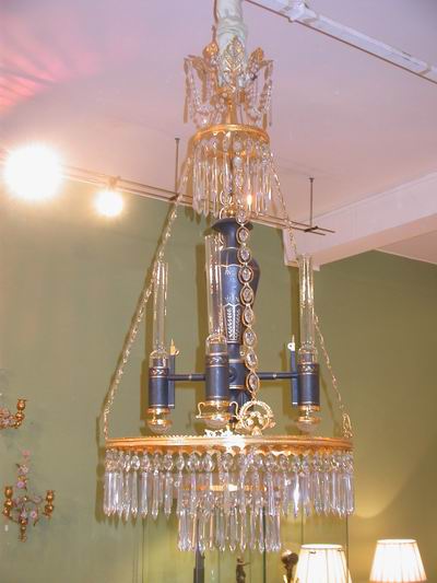 Important, French, Empire period, bronze d'ore, tole, and crystal chandelier (Lustre Argand)