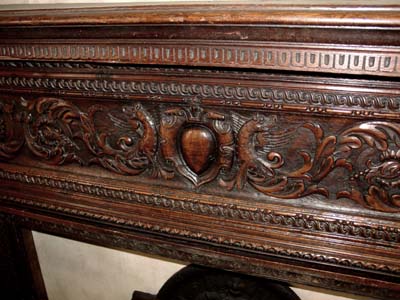 French, hand-carved wood fireplace mantel