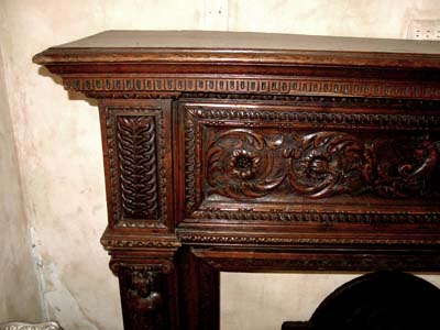 French, hand-carved wood fireplace mantel