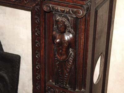 French, hand-carved wood fireplace mantel