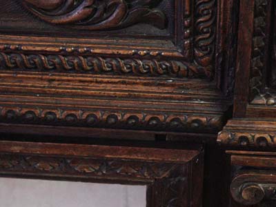 French, hand-carved wood fireplace mantel