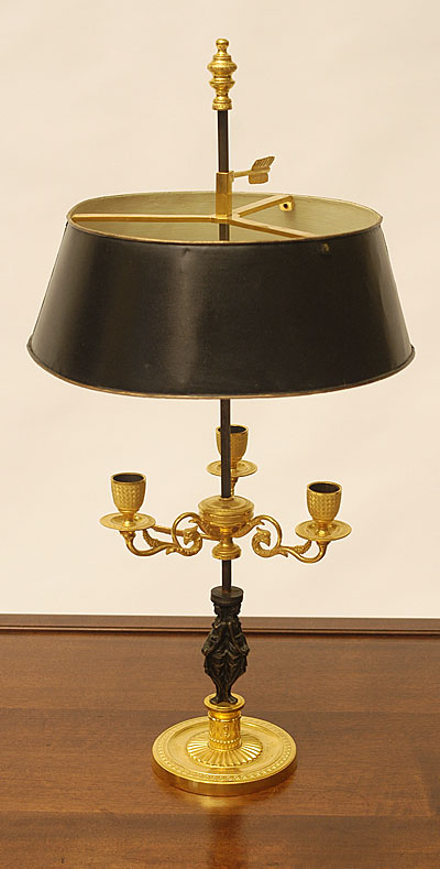 Very fine French, Empire period, gilt-bronze and patinated bronze bouillote lamp