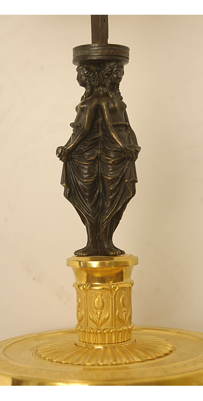Very fine French, Empire period, gilt-bronze and patinated bronze bouillote lamp