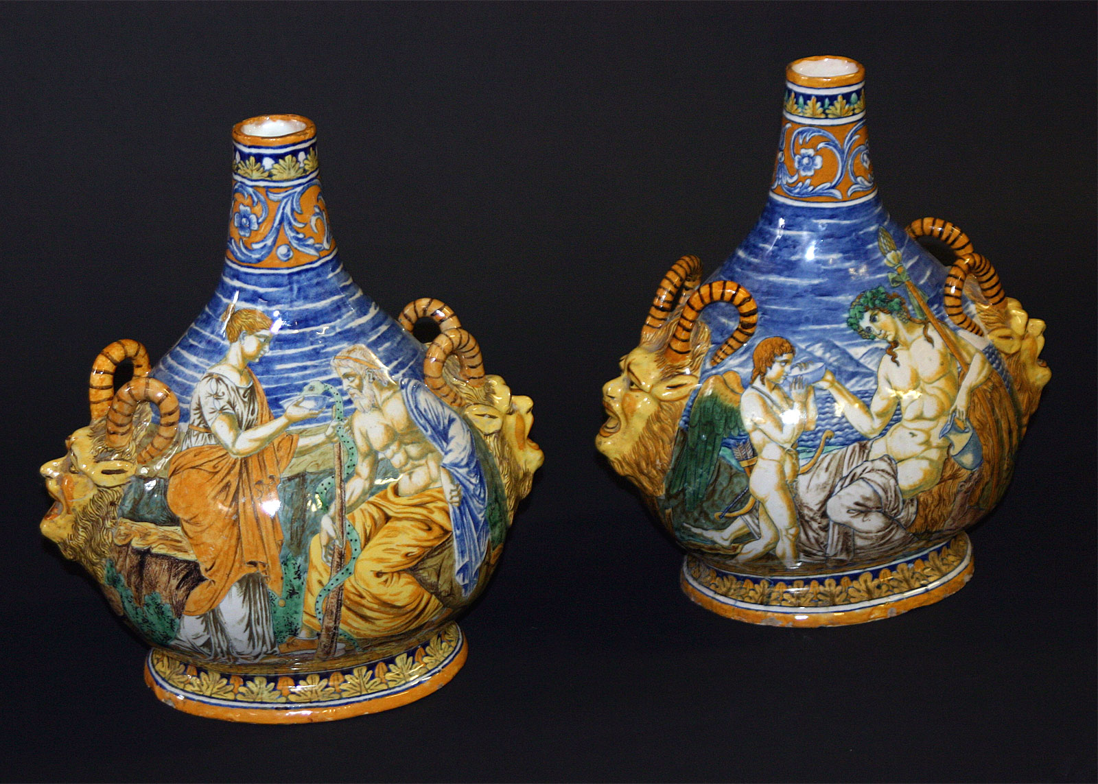 Pair of fine, Italian Majolica, bottle-neck vases