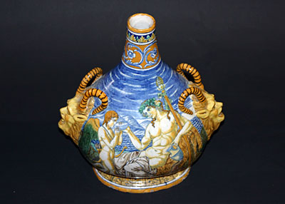 Pair of fine, Italian Majolica, bottle-neck vases