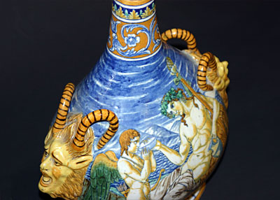 Pair of fine, Italian Majolica, bottle-neck vases