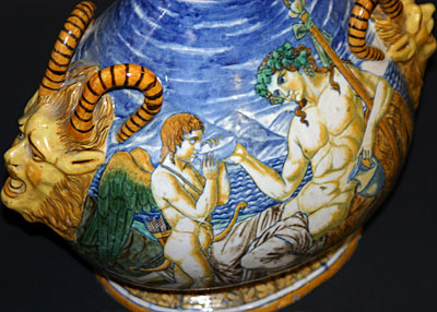Pair of fine, Italian Majolica, bottle-neck vases