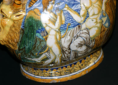 Pair of fine, Italian Majolica, bottle-neck vases