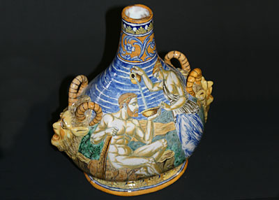 Pair of fine, Italian Majolica, bottle-neck vases
