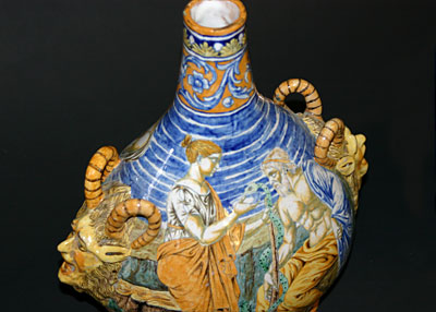 Pair of fine, Italian Majolica, bottle-neck vases