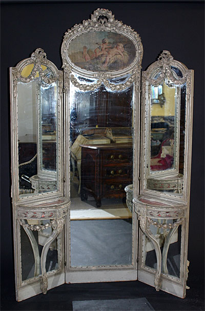 French, Louis XVI style tri-fold, full-length mirror