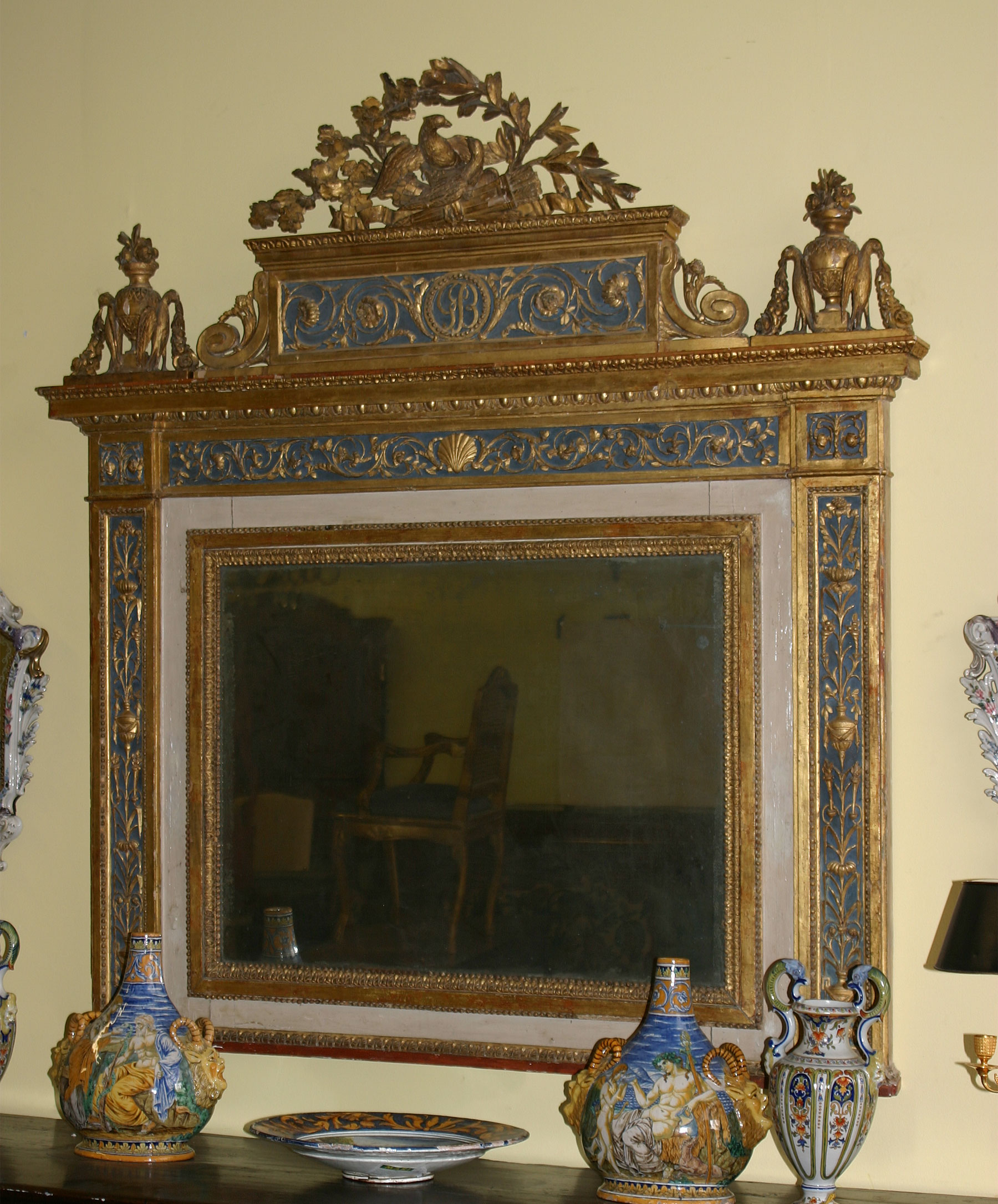 Very fine, Northern Italian, Neoclassical, painted and parcel-gilt overmantel mirror