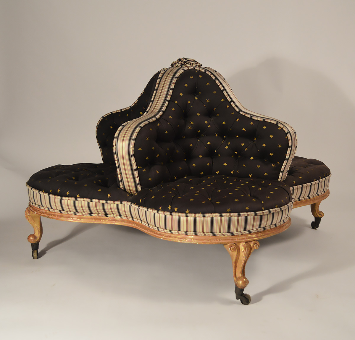 English, George IV period, giltwood and upholstered confidante