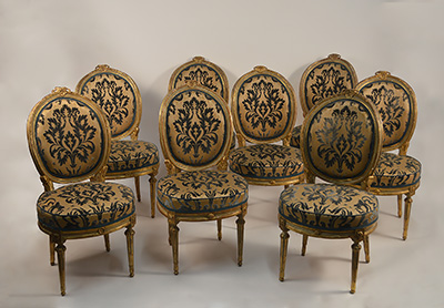 Set of eight, very fine Northern Italian, painted and parcel-gilded dining chairs